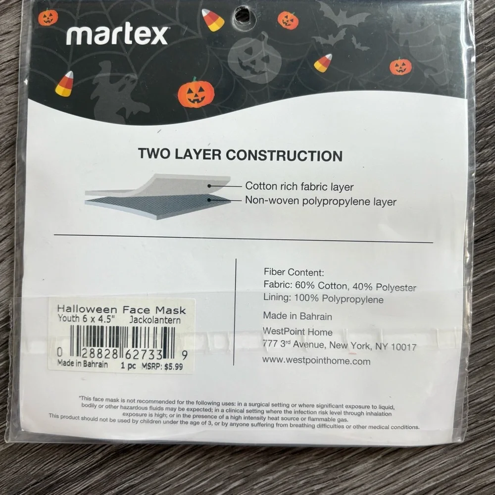 2pk Martex Orange Halloween Kids Face Mask